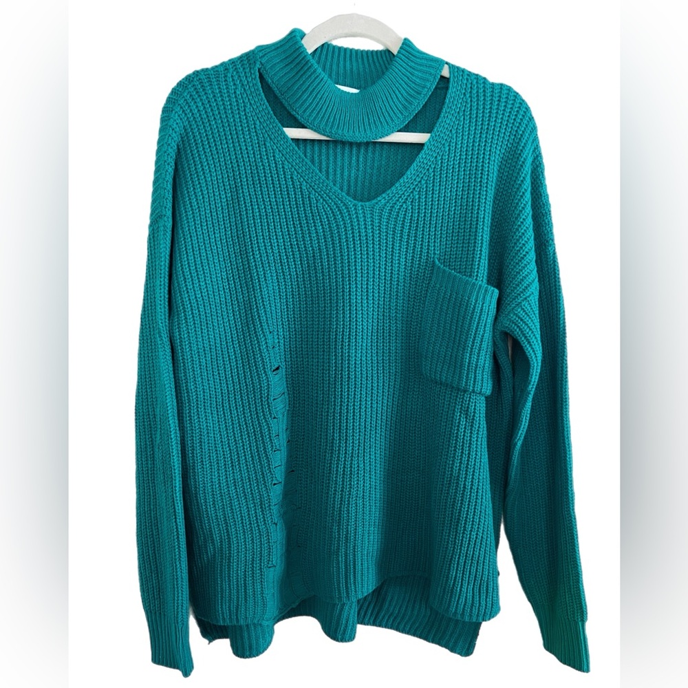 Green Sweater with Cutout Neckline and Distressed Accent